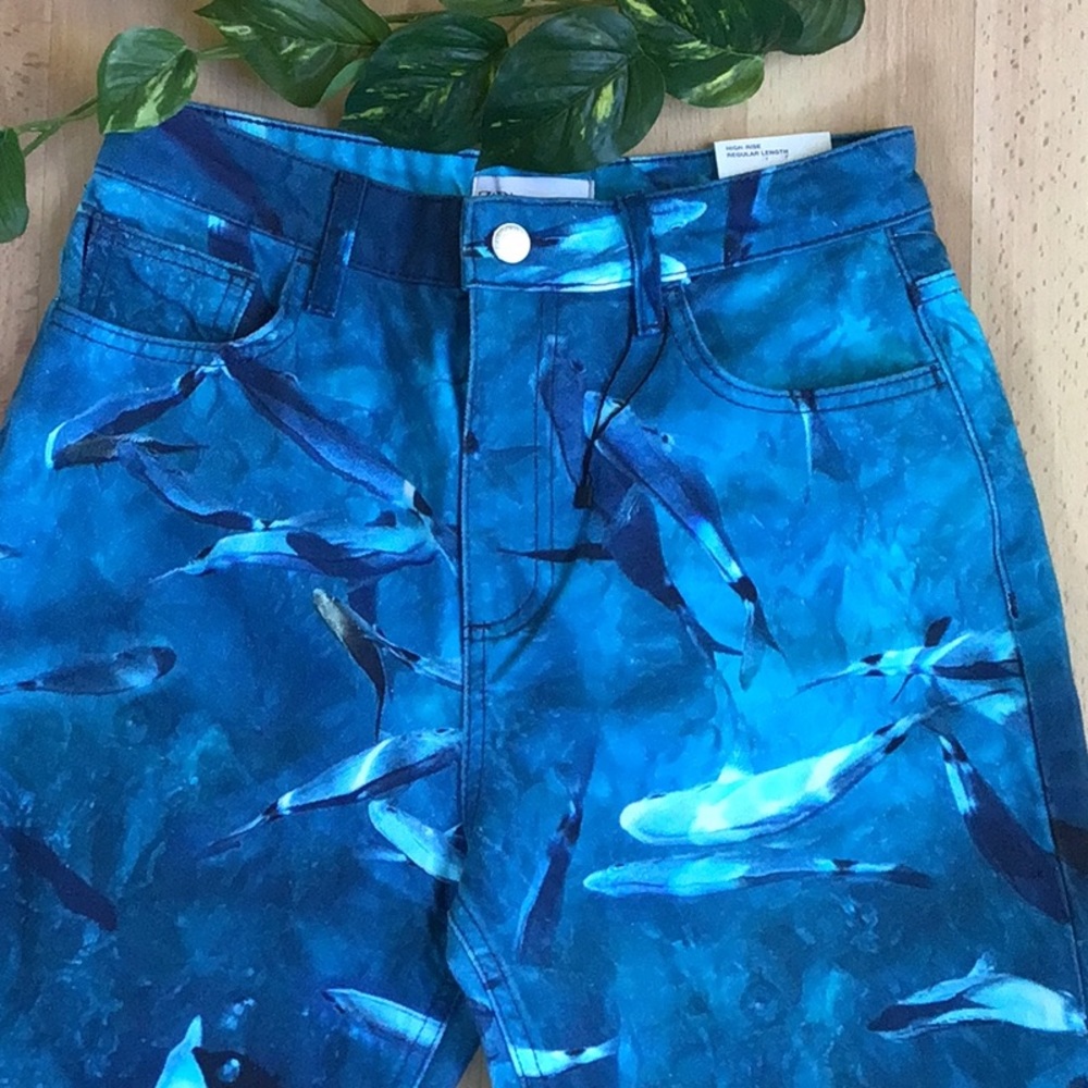 Zara Dolphin Print High Waist Jeans in Blue Sz 4